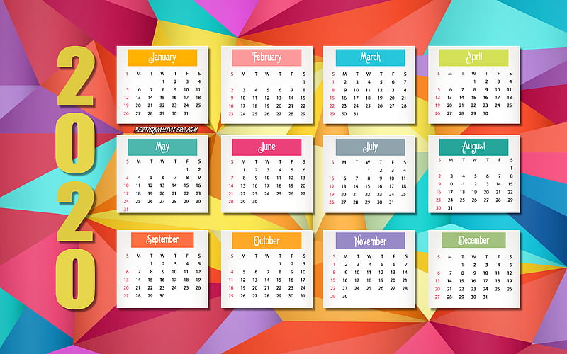2020 calendar, colorful mosaic background, 2020 all months calendar, colorful background, creative art, 2020 concepts, 2020 New Year, HD wallpaper