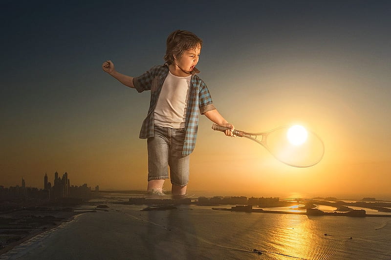 Playing tenis, adrian sommeling, sun, tenis, sunset, creative, play, boy, fantasy, copil, child, funny, HD wallpaper
