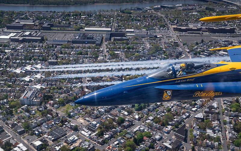 Blue Angels, McDonnell Douglas FA-18 Hornet, flight demonstration squadron, United States Navy, FA-18, aerobatic team, american fighter, HD wallpaper
