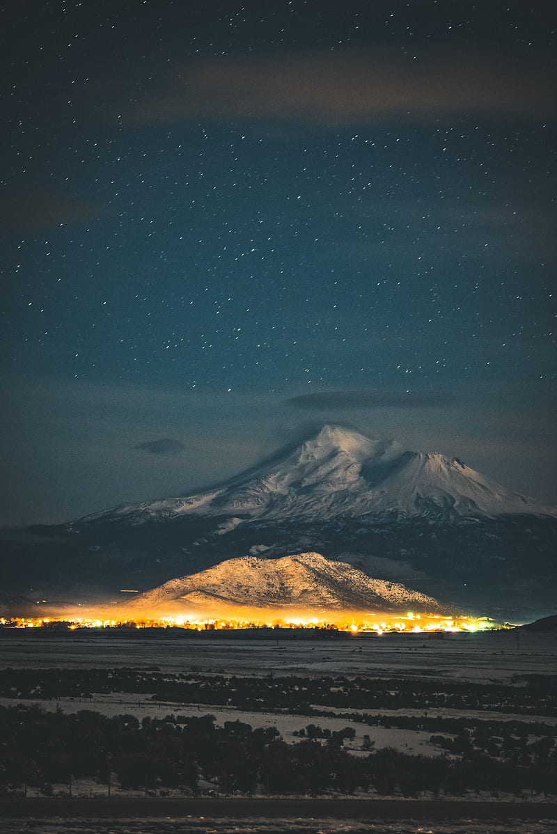 starry sky, mountain, snowy, night, HD phone wallpaper