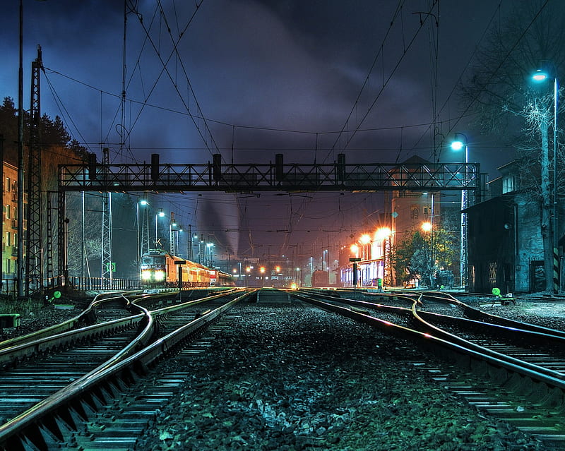 Railroads, city, lights, night, railroad, town, tracks, train, HD wallpaper