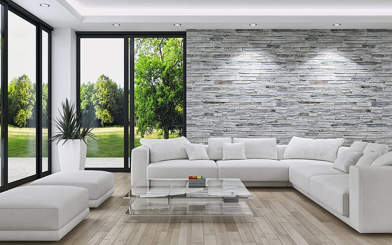 living room, white room, stylish interior, stone on the wall, modern design, white sofas, lounge, interior idea, HD wallpaper