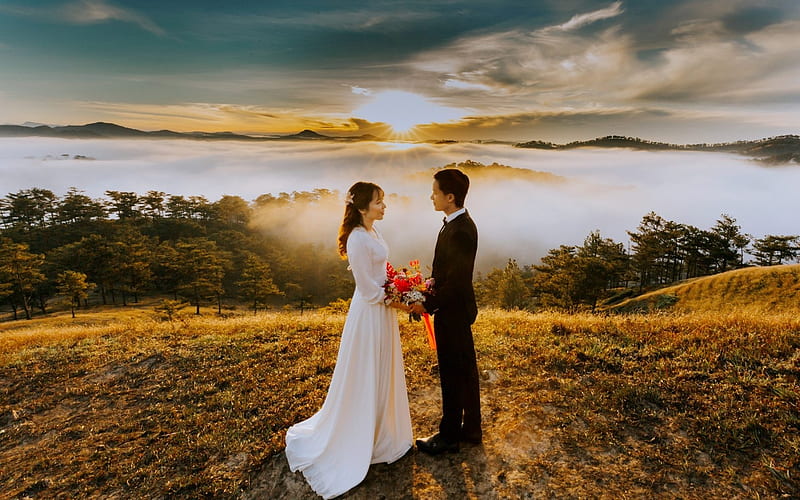 Bride and Groom, bride, wedding, groom, love, landscape, HD wallpaper