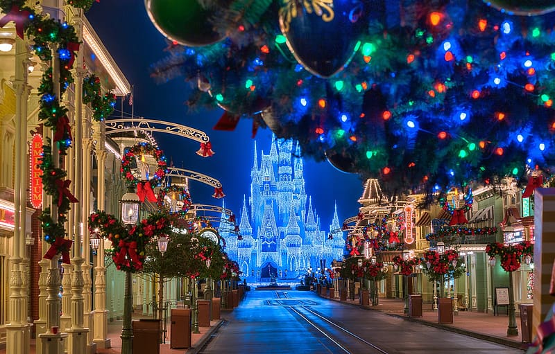 road, decoration, night, the city, castle, holiday, building, home, FL, lighting, Christmas, lights, USA, Orlando, amusement Park, decoration for , section город, HD wallpaper