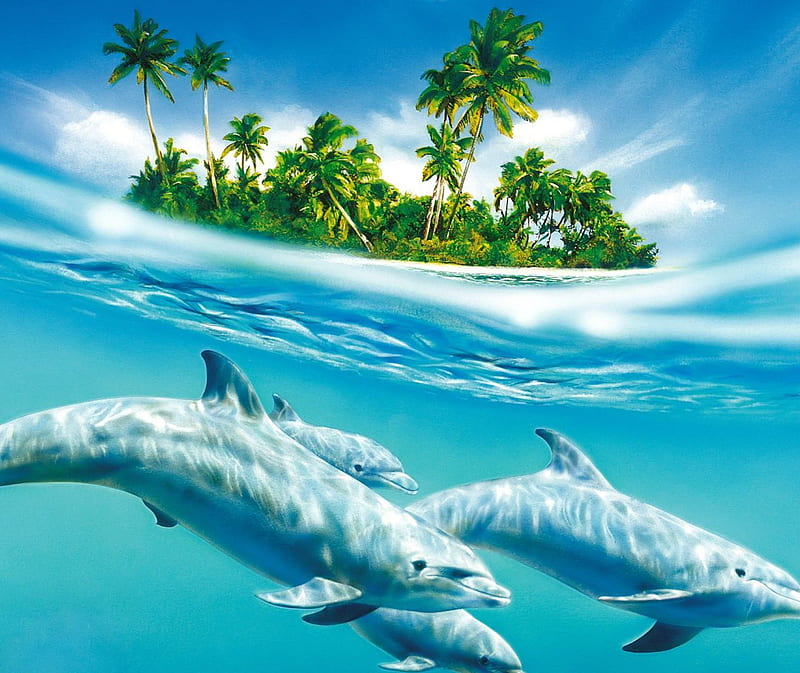 Dolphins In Sea, blue, dolphin, island, ocean, palms, summer, HD wallpaper