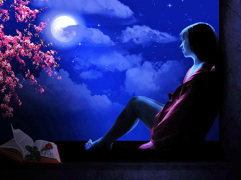 Lost in thoughts of you, moon, thought, alone, rose, flowers, woman, night, HD wallpaper