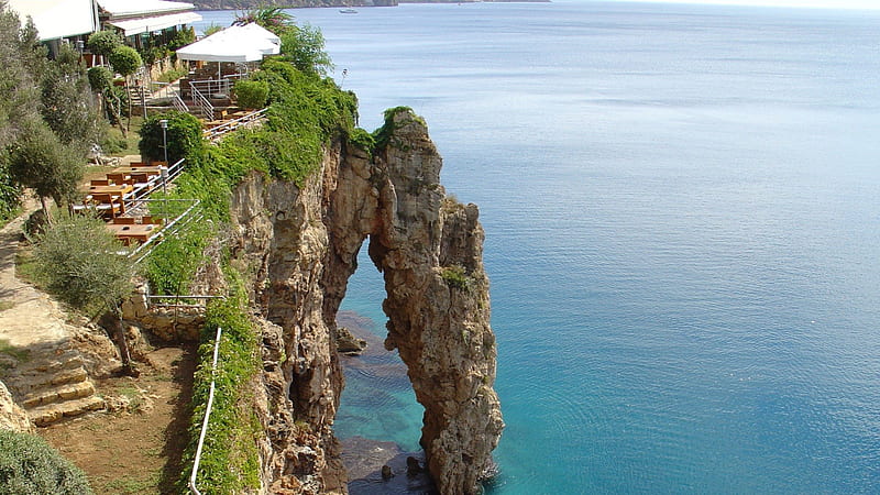 restaurant on a fabulous sea cliff, cliff, restaurant, arch, sea, HD wallpaper