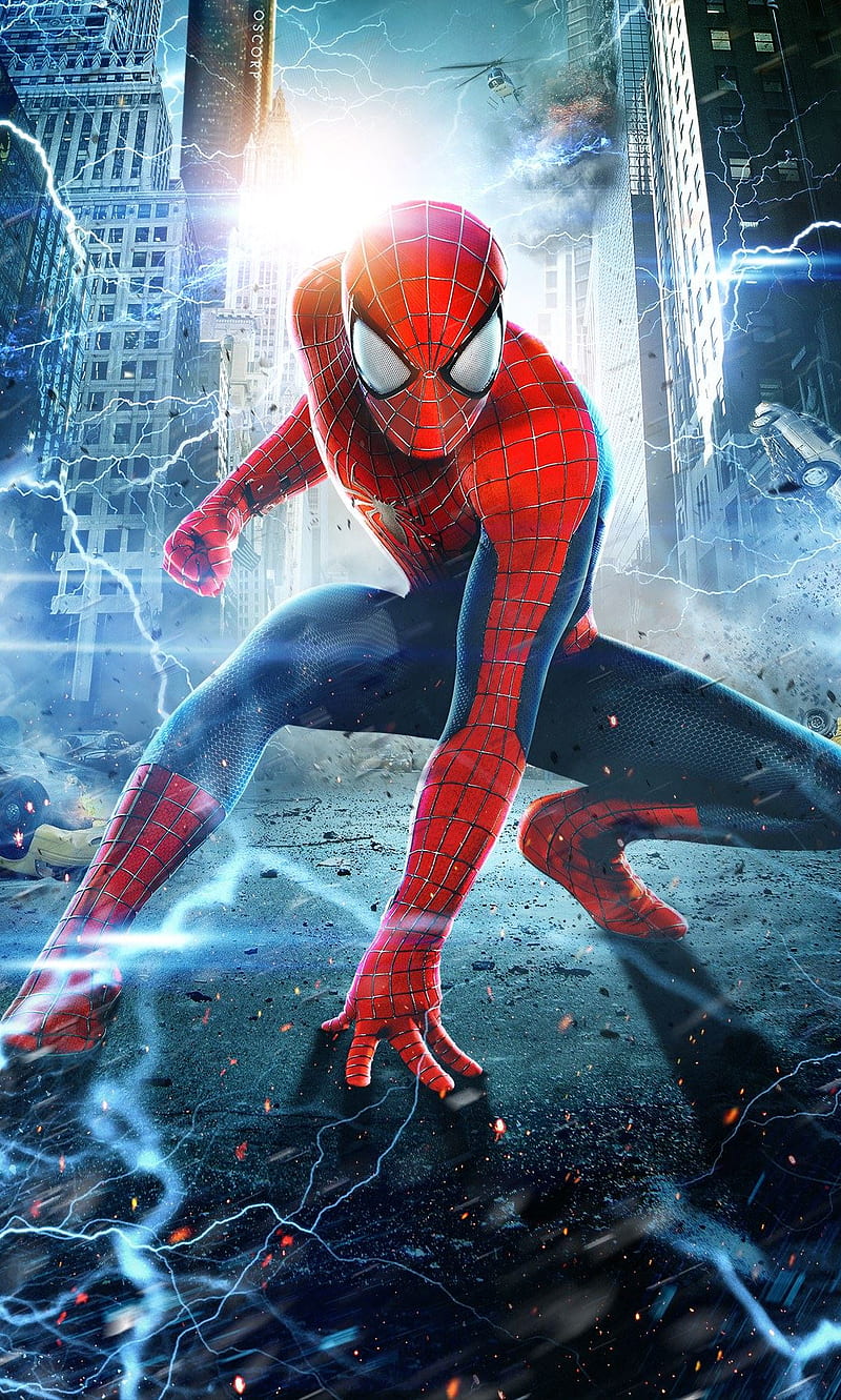 Amazing Spider-Man, avengers, city, fire, marvel, sky, sunset, guerra, HD phone wallpaper