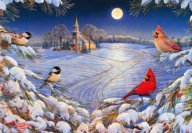 God's Country Night, tree, moon, snow, birds, church, winter, artwork, cardinals, chickadees, painting, HD wallpaper