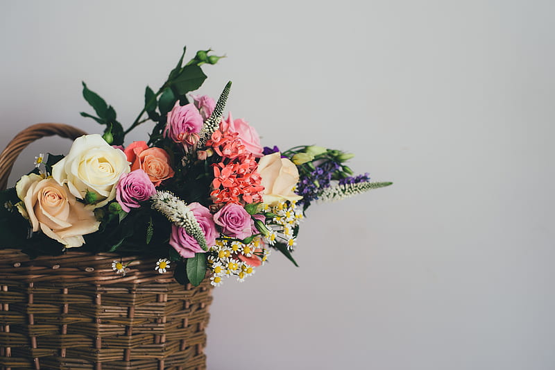 assorted-color flowers on brown wicker basket, HD wallpaper