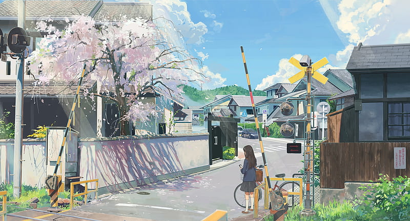 anime street, buildings, railway, anime school girl, bicycle, Anime, HD wallpaper