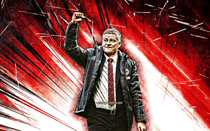 Ole Gunnar Solskjaer, grunge art, Manchester United FC, coach, soccer, Premier League, football managers, footaball, Man United, red abstract rays, Ole Gunnar Solskjaer Manchester United, HD wallpaper