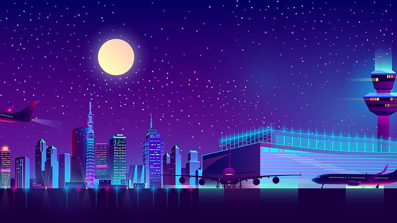 Moonlight, fantasy, moon, purple, moon, airport, blue, vector, night, HD wallpaper