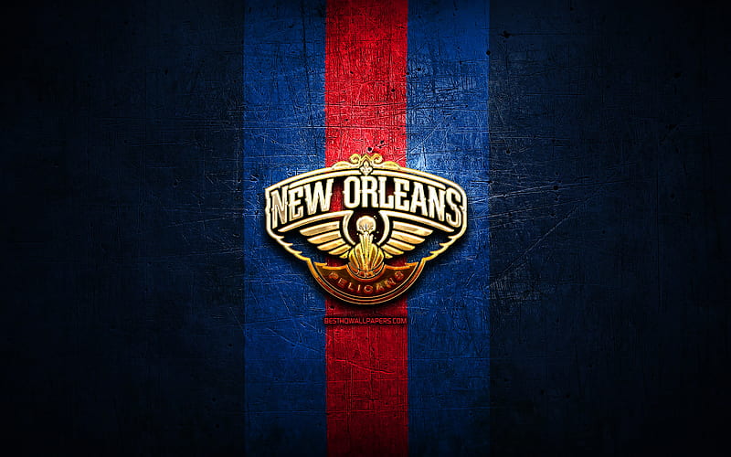 New Orleans Pelicans, golden logo, NBA, blue metal background, american basketball club, New Orleans Pelicans logo, basketball, USA, HD wallpaper