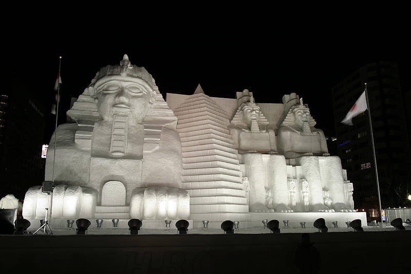 Snow Sculpture, carving, ice, grand, magnificent, lights, egypt, HD wallpaper