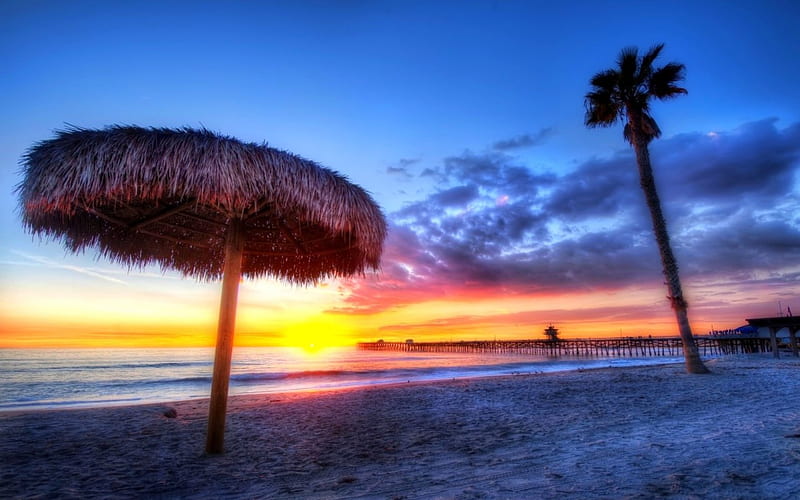 SUMMER SUNSET, beach, pier, palm, r, sunset, shelter, HD wallpaper