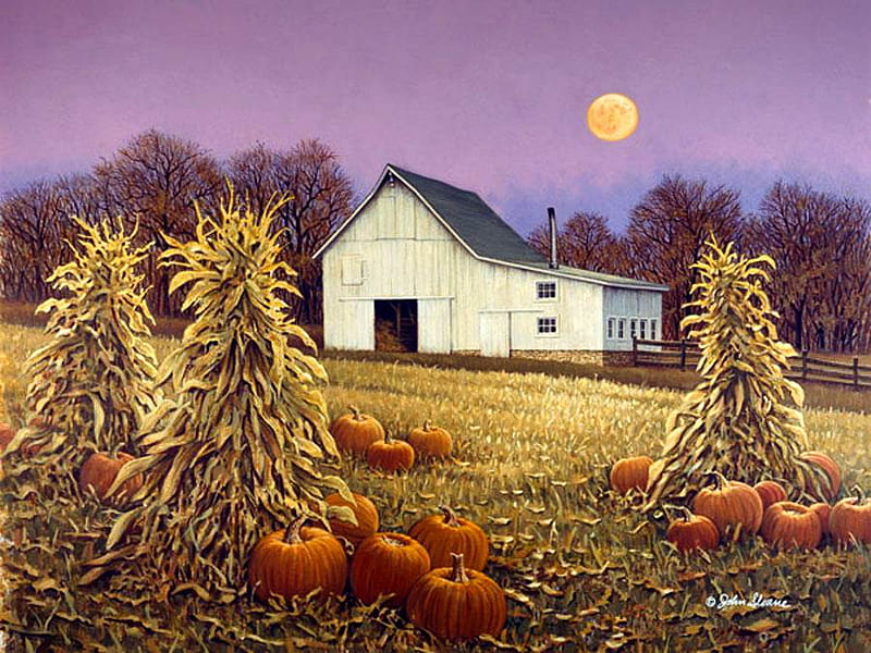 John Sloane. This Old Barn, art, moon, john sloane, pumpkin, painting, HD wallpaper