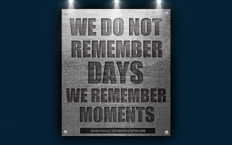 We do not remember days we remember moments, Cesare Pavese quotes, inspiration, life quotes, metal texture, metal grid, HD wallpaper