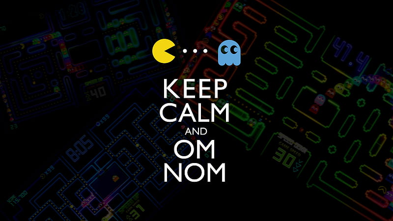 Keep Calm and Om Nom, pac man, ghosts, quotes, video games, typography, HD wallpaper