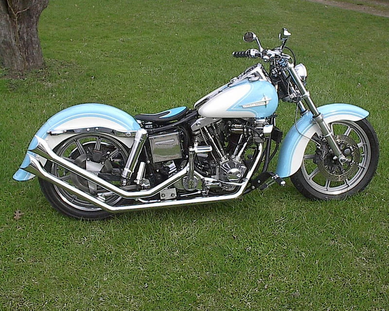 Old School Harley Davidson, fishtail pipes, harley, two tone paint job, motorcycle, HD wallpaper