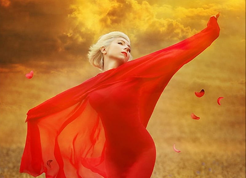 Red Sun, veils, pretty, sun, orange, veil, yellow, clouds, dancing, women flowers, models, female models, blonde, sky, cute, body, fashion, white, field, red, silk, bonito, woman, graphy, green, figure, people, gris, girls, colors, girl, colours, transparant, HD wallpaper