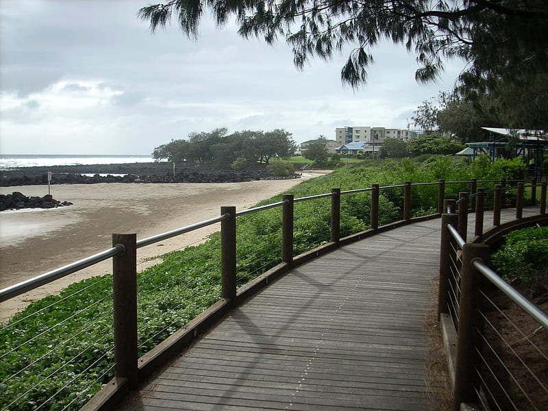 Walk along my beach, beach, boardwalk, sky, trees, HD wallpaper