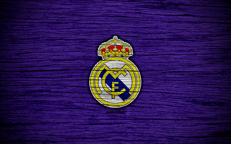 Real Madrid FC, Spain, violet background, La Liga, wooden texture, soccer, Real Madrid, Galacticos, football club, LaLiga, FC Real Madrid, HD wallpaper
