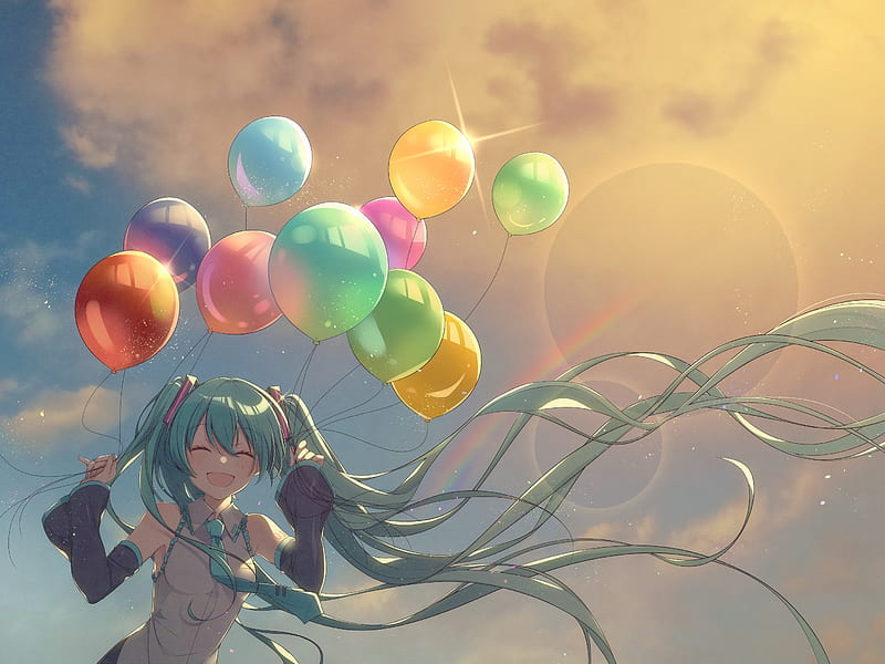 vocaloid, hatsune miku, big smile, twintails, balloons, clouds, Anime, HD wallpaper