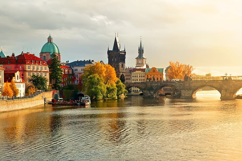 Prague Cityscape, autumn, buildings, houses, charles bridge, trees, clouds, Moldava, czech republic, capital, HD wallpaper