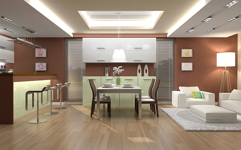 modern stylish kitchen interior, brown walls, stylish furniture, minimalism, interior design, kitchen, HD wallpaper