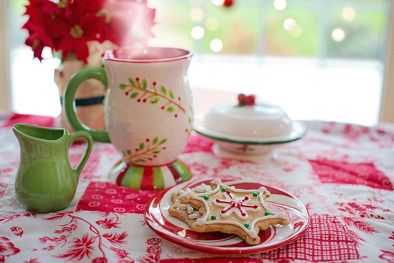 Christmas Breakfast, Christmas, Jar, Lovely, Hot chocolate, Gingerbread, Poinsettie, Breakfast, HD wallpaper