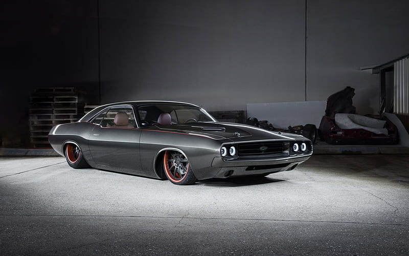 Dodge Challenger, 1970, gray coupe, front view, retro cars, custom Challenger 1970, tuning Challenger, american vintage cars, Dodge, HD wallpaper