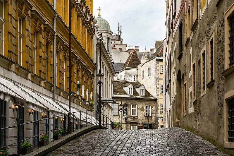 street, paving stones, buildings, architecture, vienna, austria, HD wallpaper