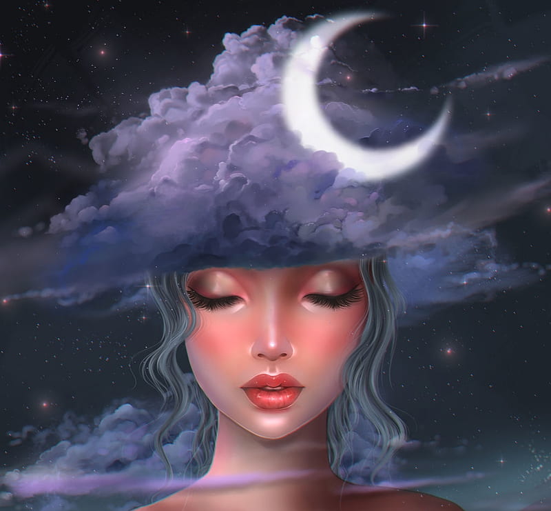 Nocturne, moon, girl, heszperia, face, white, blue, cloud, luminos, moon, fantasy, HD wallpaper
