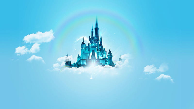 Disney Castle Around Clouds And Rainbow With Blue Background Disney, HD wallpaper