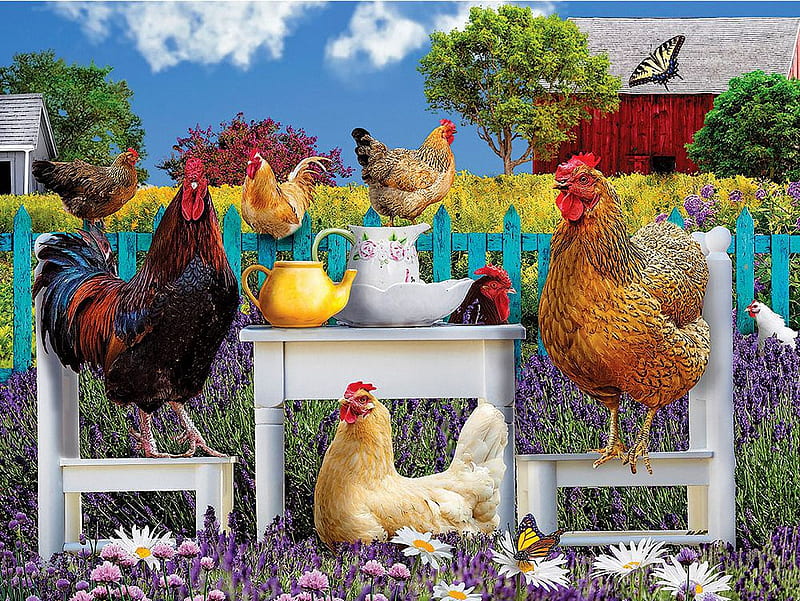 A Brood For Luncheon, rooster, table, hens, painting, chairs, spring, trees, field, HD wallpaper