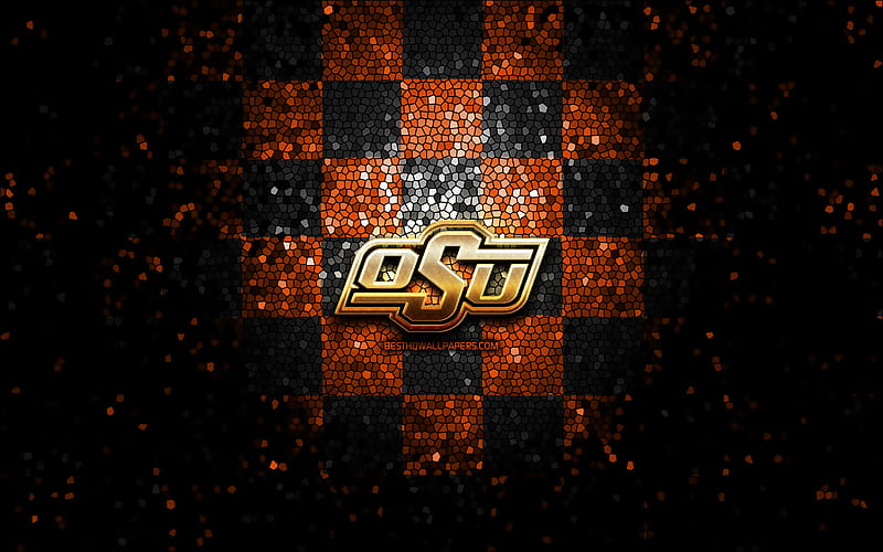 Oklahoma State Cowboys, glitter logo, NCAA, orange brown checkered background, USA, american football team, Oklahoma State Cowboys logo, mosaic art, american football, America, HD wallpaper