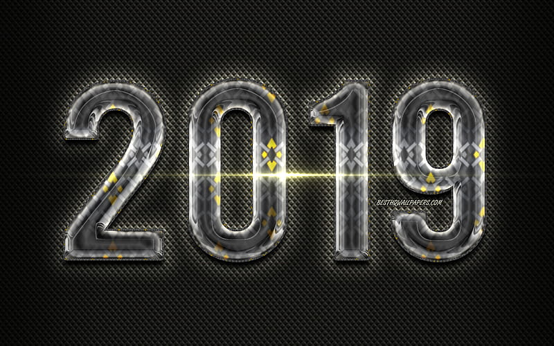 2019 gems digits, gray metal background, glass 2019 art, Happy New Year 2019, gray 2019 digits, 2019 concepts, 2019 on gray background, 2019 year digits, HD wallpaper
