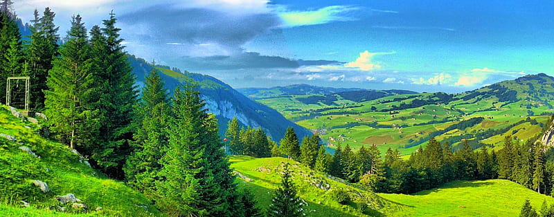 Wasserburg, Bavaria, hills, forest, grass, prairies, bonito, trees, clouds, valley, green, fields, Germany, HD wallpaper