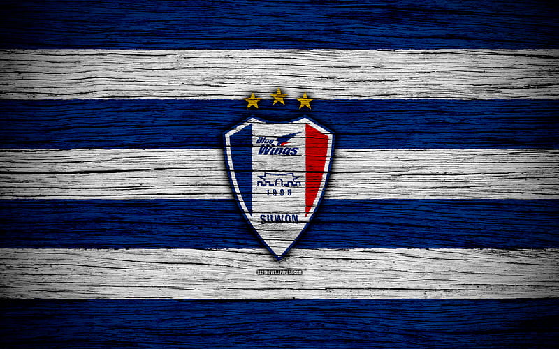 Suwon Samsung Bluewings FC K League 1, wooden texture, South Korean football club, logo, blue white lines, emblem, Suwon, South Korea, football, HD wallpaper
