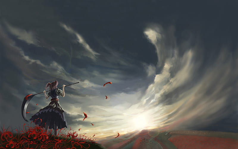 It seems to be far away, death, girl, anime, scythe, touhou, sunset,  clouds, HD wallpaper | Peakpx