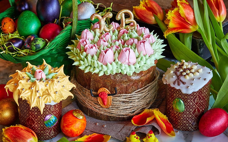 Happy Easter!, red, cake, food, easter, sweet, dessert, card, egg, green, flower, tulip, HD wallpaper