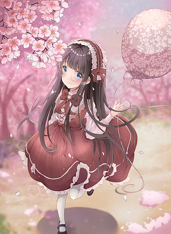Cute anime girl, profile view, sakura blossom, white dress, umbrella, Anime,  HD wallpaper