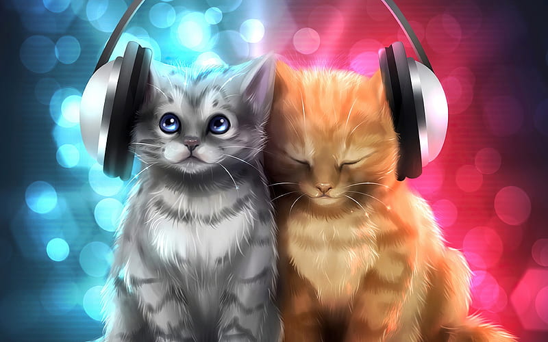 Cute Cats Listening Music, cats, cat, artist, artwork, digital-art, HD wallpaper
