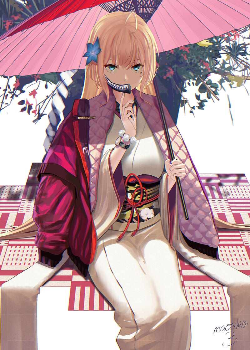 kimono, umbrella, anime girl, blonde, hairpin, Anime, HD phone wallpaper