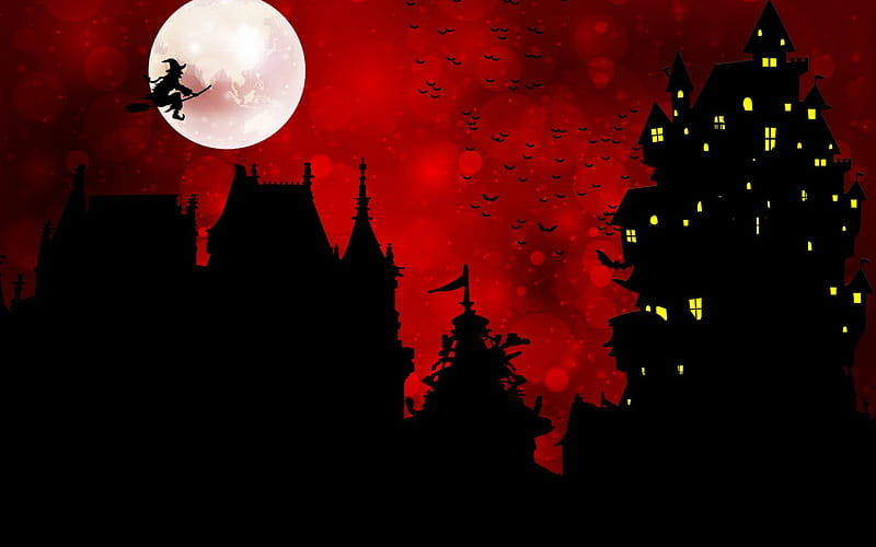 Happy Halloween!, red, witch, rosu, house, moon, halloween, black, negru, fantasy, moon, case, vrajitoare, white, HD wallpaper