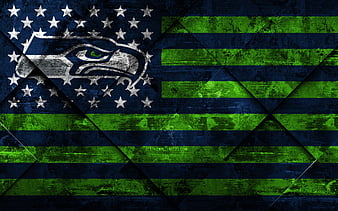 Seattle Seahawks flag, NFL, blue green metal background, american