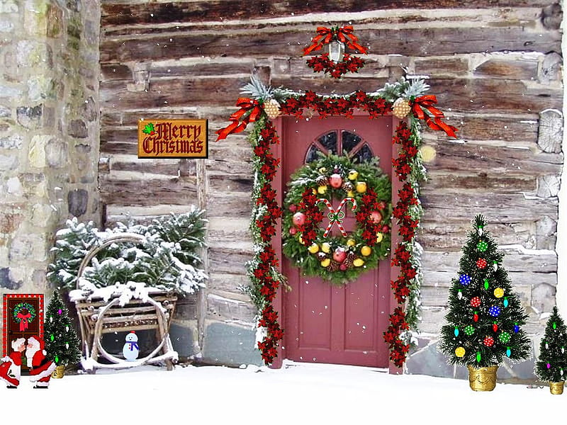 Welcome Home at Christmas, tree, christmas, log home, decorations, winter, HD wallpaper