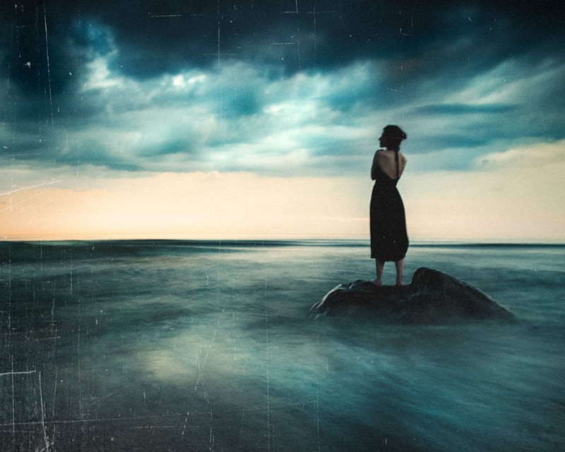 Waiting, sky, surreal, woman, sea, HD wallpaper | Peakpx