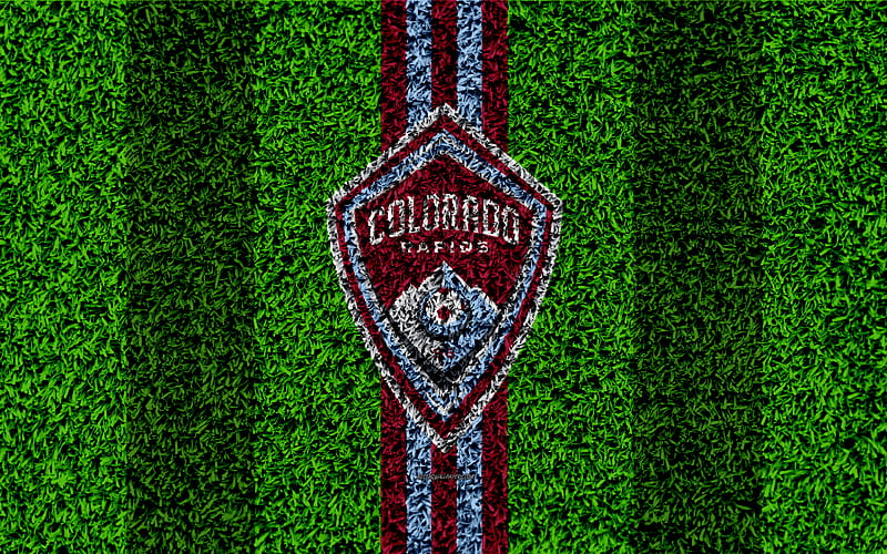Colorado Rapids MLS, football lawn, logo, american soccer club, purple blue lines, grass texture, Denver, Colorado, USA, Major League Soccer, football, HD wallpaper